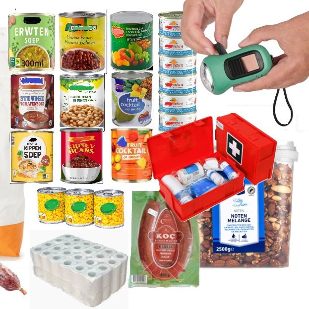 Diversen voedselvoorraden en een gezondheidsmonitor in een georganiseerde opstelling.
