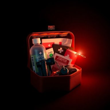 EHBO-koffer met medicijnen, pleisters en een zaklamp op een donkere achtergrond.