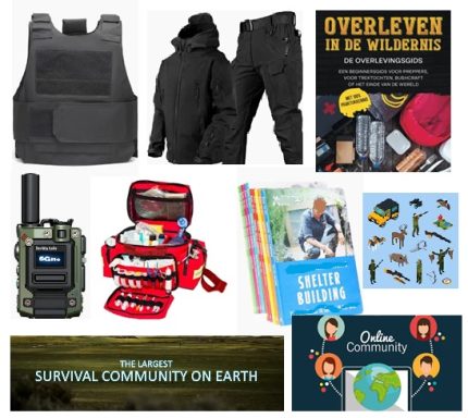 Overlevingsuitrusting en boeken voor bushcraft en noodsituaties.