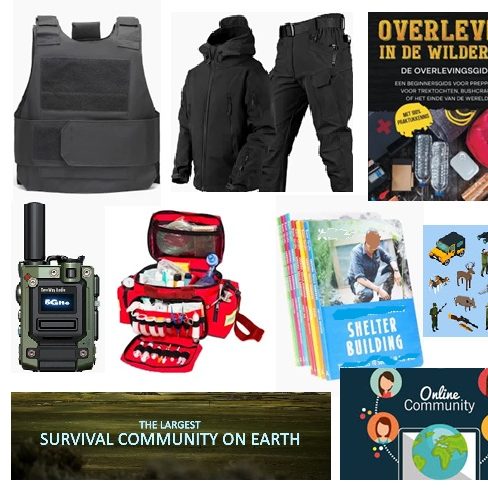 Overlevingsuitrusting: vest, kleding, boek, EHBO-kit, radio, kaarten en materialen.
