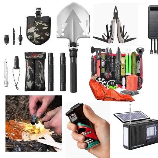 Overzicht van buitenuitrusting, waaronder gereedschap, multifunctionele items en een zonnepaneel.