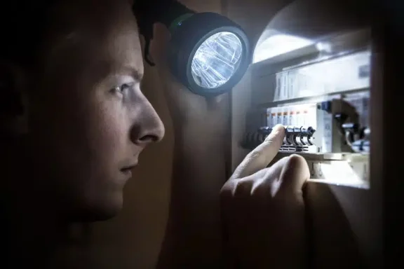 Een persoon inspecteert een elektriciteitskast met een zaklamp.