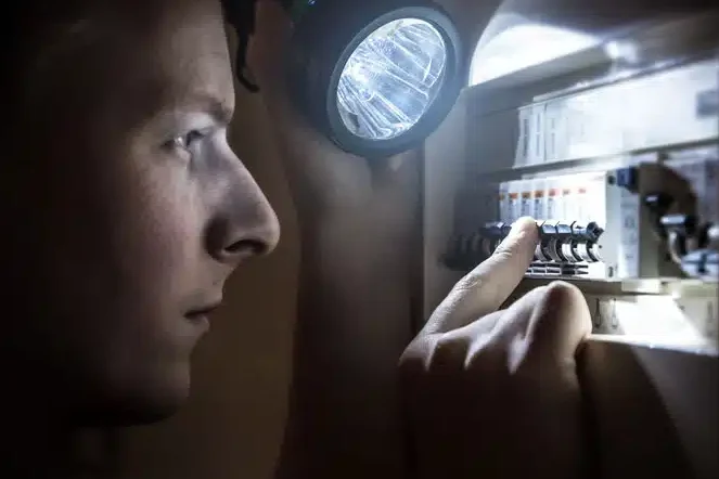 Een persoon inspecteert een elektriciteitskast met een zaklamp.