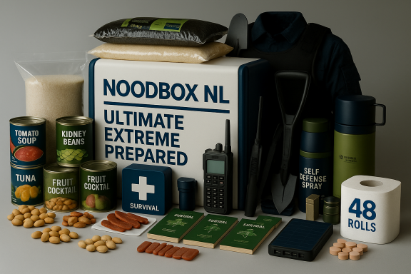 Een noodpakket met voedsel, water, verzorgingsproducten en communicatiemiddelen.